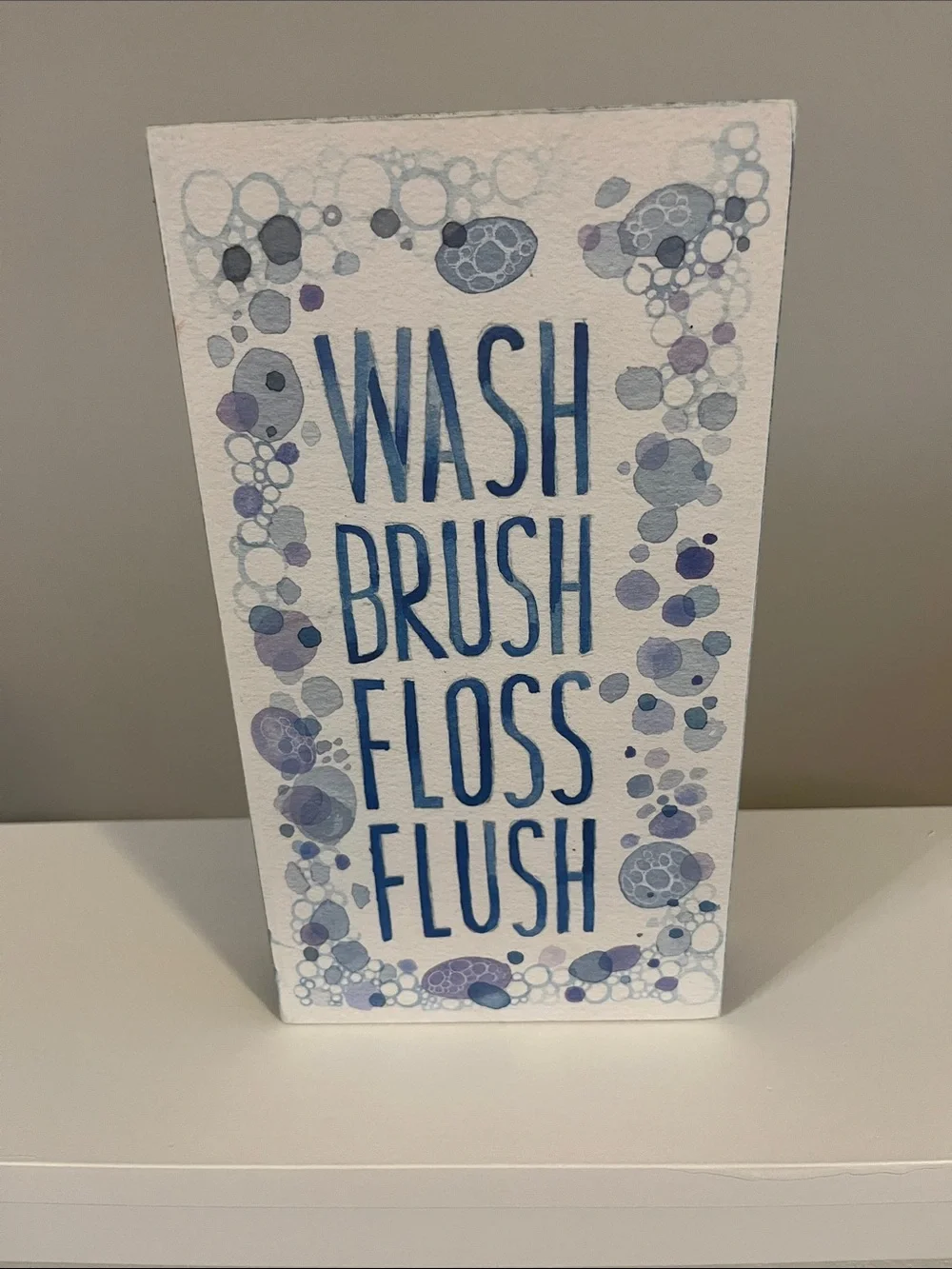 Blue 'Wash Brush Floss Flush' wooden Bathroom Sign 11x6x1.5 inches